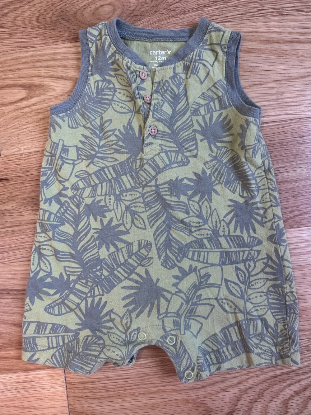 Carter's Olive and Gray Tropical Leaf Sleeveless Romper